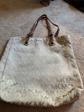 Michael Kors Beige MK Logo Tote with Brown Leather Straps